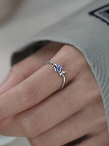 1 pieza Anillo con diseño de mariposa azul con incrustaciones, joyería inspirada en insectos dulce y encantadora para el estilo Mori - Plata antigua - Ver 2