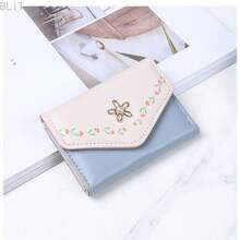 Women Girls Wallet Cute Flower Tri-Fold Wallet PU Leather Purse Slim Short Wallet Small Trifold Cash Card Holder Bag - Mint Blue - View 1