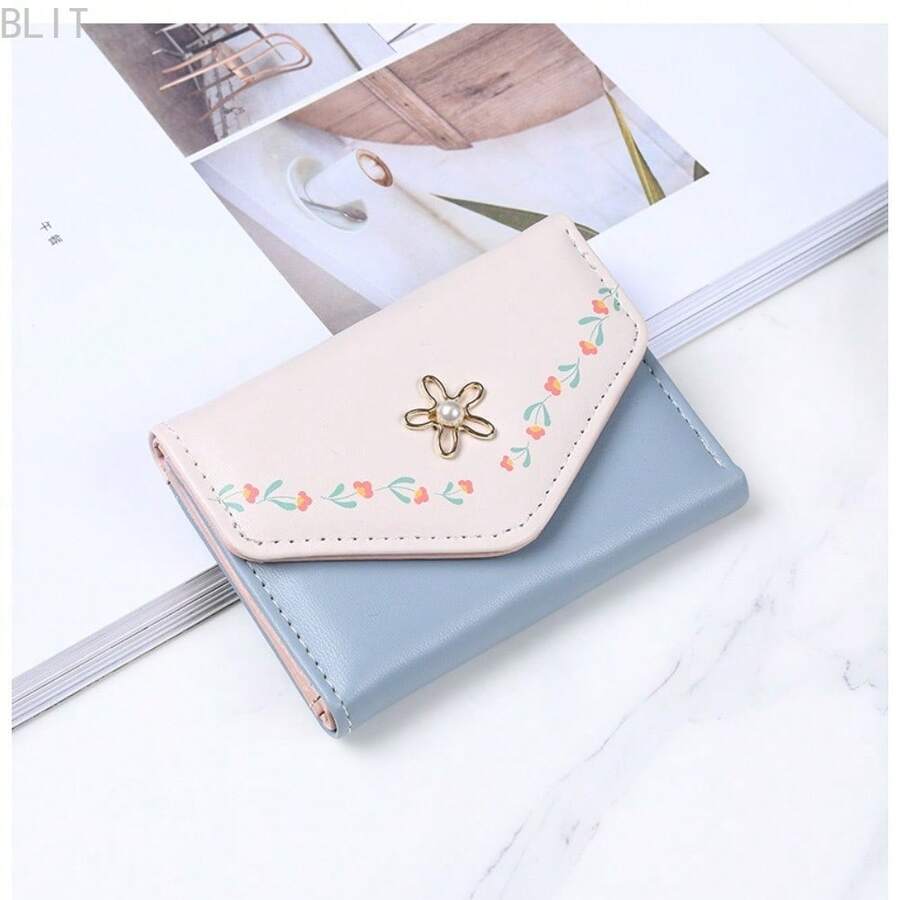 Women Girls Wallet Cute Flower Tri-Fold Wallet PU Leather Purse Slim Short Wallet Small Trifold Cash Card Holder Bag - Mint Blue - View 1