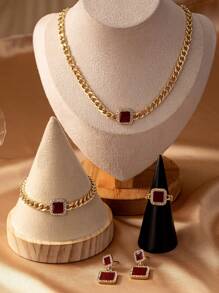 5pcs/Set Elegant Enamel Square Pendant Necklace, Bracelet, Ring And Earrings Set With Rhinestones For Women, Perfect For Daily Wear, Party, Festival And As A Gift For Women - 5 Pieces/set Necklace Bracelet Ring Earrings Set - View 9