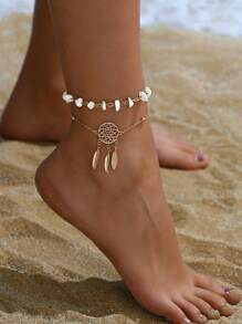 1pc Bohemian Style Fashionable Creative Asymmetrical Dreamcatcher Natural Stone Net Leaf Tassel Pendant Women Anklet - Gold and White - View 2