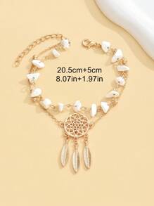 1pc Bohemian Style Fashionable Creative Asymmetrical Dreamcatcher Natural Stone Net Leaf Tassel Pendant Women Anklet - Gold and White - View 5