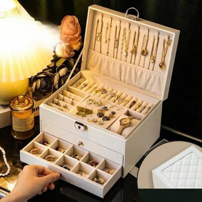 1 件白色奢华钻石图案珠宝盒，带锁和 3 个抽屉 - 送给女士、女孩和母亲的理想礼物，适合项链、戒指、耳环、手表和手镯，适合返校
