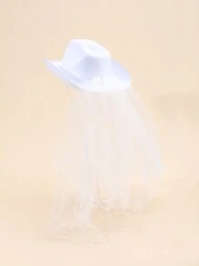 Một Cô Dâu Đảng Ngọc Trai Đầu Mạng Che Mặt Trắng Mũ Cao Bồi Miền Tây Với Cuộn Viền Ruy Băng Lụa Mũ Cao Bồi Miền Tây Mũ Cao Bồi mũ Cowgirl - trắng - Xem 1