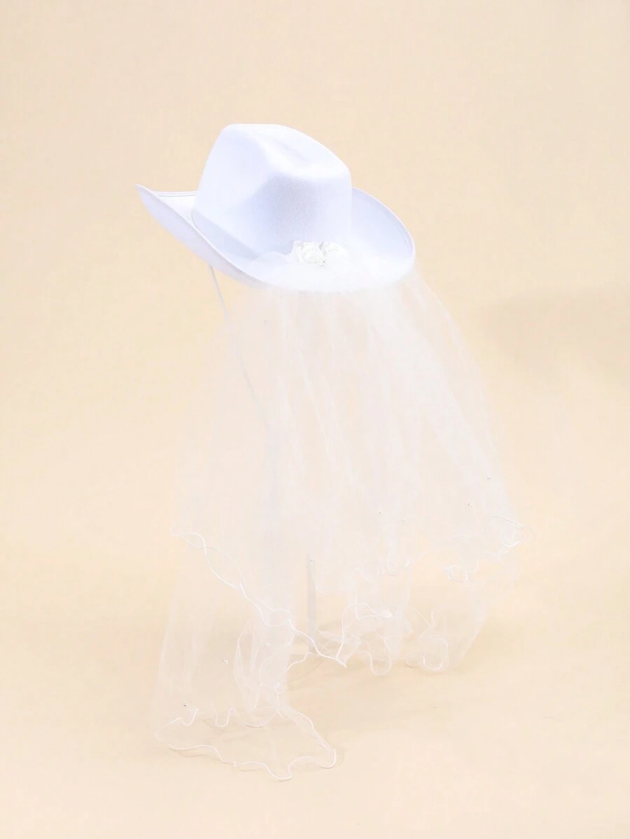 Một Cô Dâu Đảng Ngọc Trai Đầu Mạng Che Mặt Trắng Mũ Cao Bồi Miền Tây Với Cuộn Viền Ruy Băng Lụa Mũ Cao Bồi Miền Tây Mũ Cao Bồi mũ Cowgirl - trắng - Xem 1