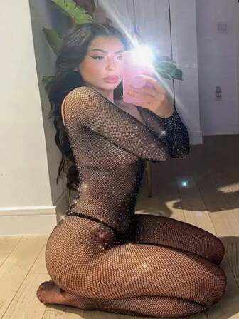 1 pièce Combinaison sexy à manches longues avec imprimé d'étoiles brillantes noires opaques. Idéal pour les sorties