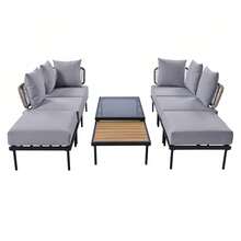8-Piece L-Shaped Wood Furniture Set, Outdoor Conversation Sets With Tempered Glass Coffee Table And Coffee Table, Water-Resistant(Beige)