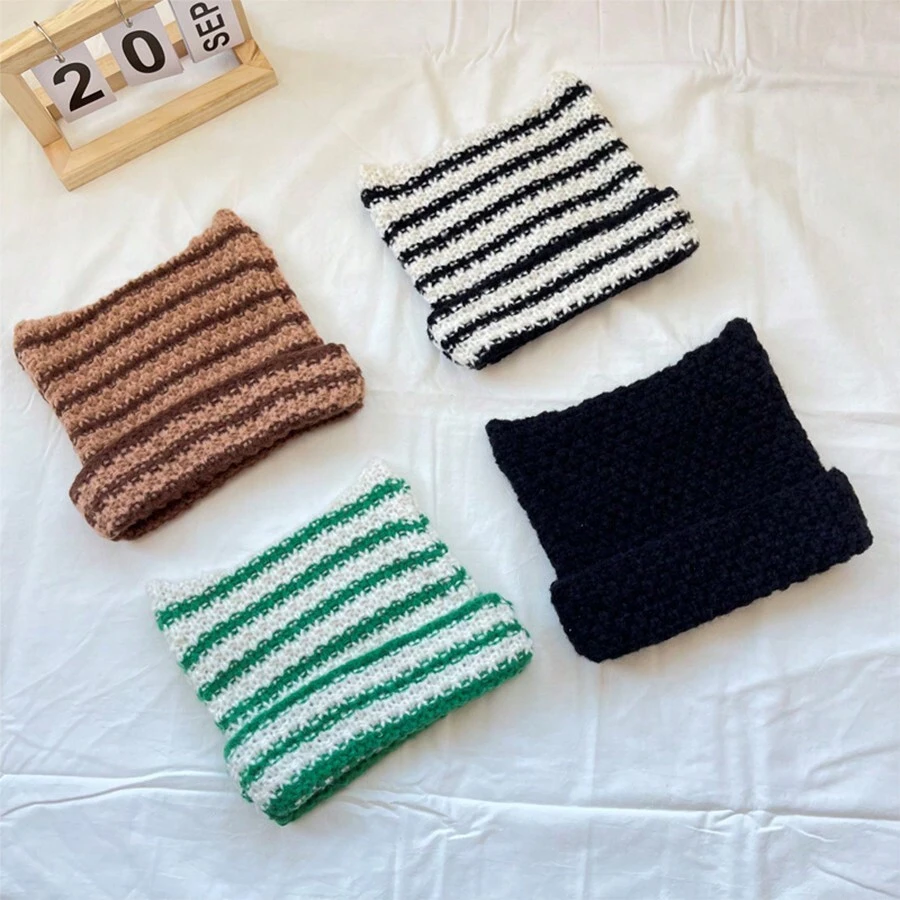 LACE MONDE Mũ len dệt kim sọc mùa thu đông dành cho nữ, mũ len hình tai mèo dễ thương với trang trí pom-pom cho đầu lớn, mũ len che tai - A - Xem 1