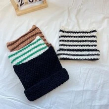 LACE MONDE Mũ len dệt kim sọc mùa thu đông dành cho nữ, mũ len hình tai mèo dễ thương với trang trí pom-pom cho đầu lớn, mũ len che tai - A - Xem 6