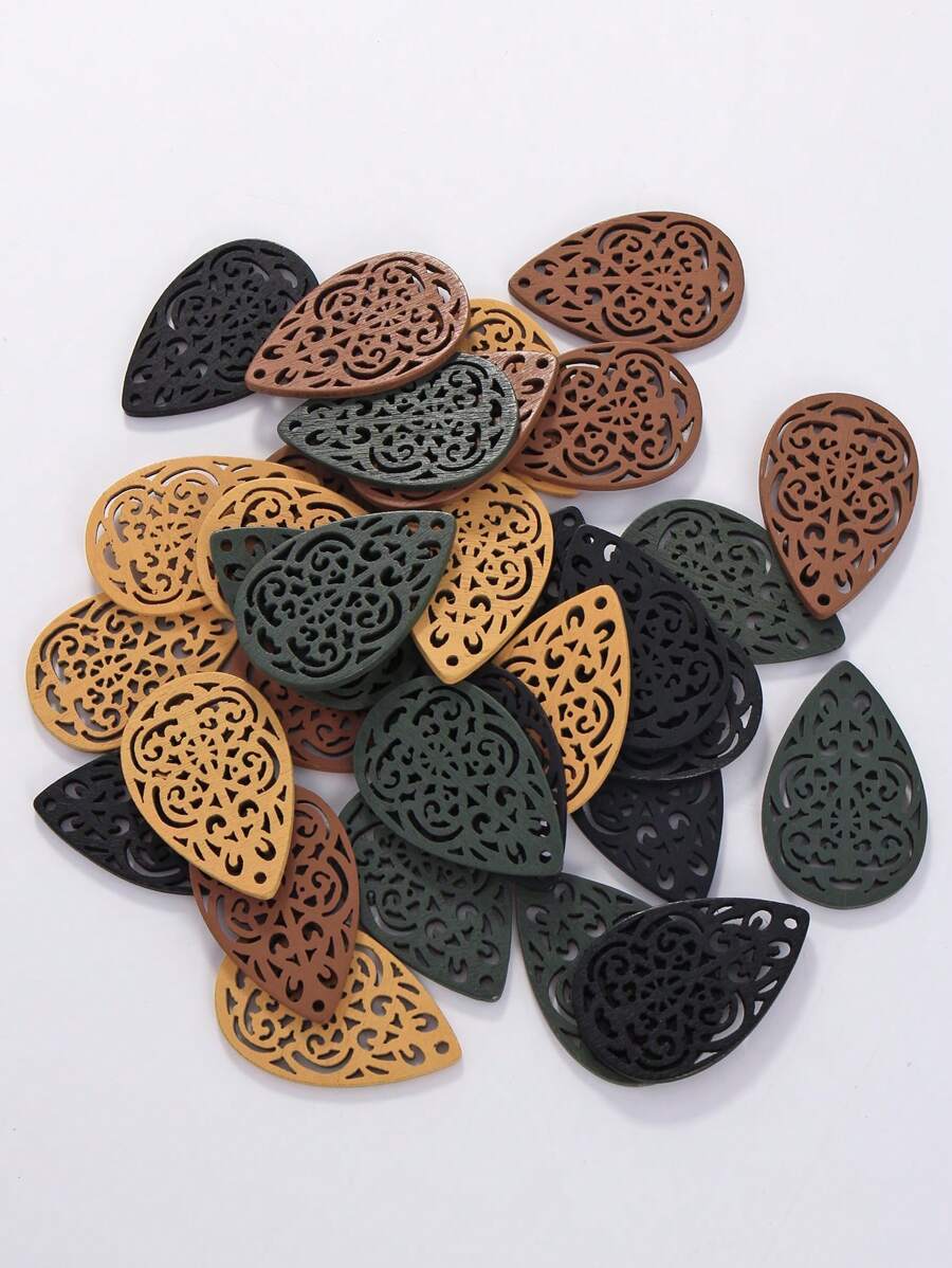 32pcs Mixed Color Carved Wooden Pieces For Diy Earrings, Necklace Decoration - Brown - View 1