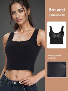 Top polyvalent à la mode pour adolescentes, de couleur unie, avec col carré ajusté, débardeur court et moulant, respirant et sexy avec un dos ouvert et un soutien-gorge intégré, esthétique et élégant avec décoration en fil tricoté. - Noir - Voir 1