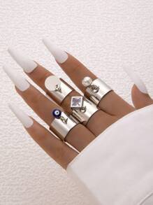 imoli 4入組套女士創意合金圓盤、水鑽、油滴、眼睛和珠子吊墜開口戒指套裝