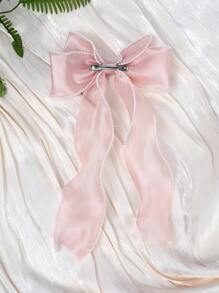 1pc Pink Pearlescent Yarn Hair Bows Clips For Girls,Pearl Decor Elegant Bowknot Hair Clips Barrettes,Girls Holiday Wedding Party Alligator Clips,Adorable Girls Princess Headpiece,Kids Hair Accessories - Pink - View 4