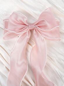 1pc Pink Pearlescent Yarn Hair Bows Clips For Girls,Pearl Decor Elegant Bowknot Hair Clips Barrettes,Girls Holiday Wedding Party Alligator Clips,Adorable Girls Princess Headpiece,Kids Hair Accessories - Pink - View 2