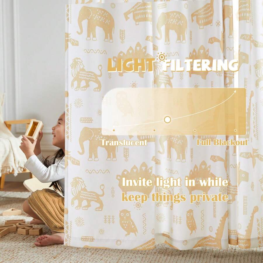 Kids Curtains Nursery Curtains For Girls Bedroom, Grey Safari Animals Curtains, Dinosaur Curtains For Boys Room Light Filtering Window Curtains Grommet Top Set 2 Panels - 黃色 - 查看 1