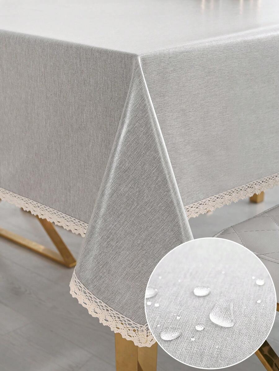1pc Oil-Proof & Waterproof Tablecloth, TPU Coated Waterproof Tablecloth For Furniture Covering, Conference Table, Dining Table, Desk, Rectangular Picnic Mat, Floral Tassel Edging Waterproof Tablecloth - Grey - View 1