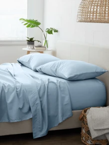 1 Juego De Sábanas 4pzs,  Bajera / Encimera / 2 Fundas de Almohada  Algodón Transpirable Color Liso - Celeste - Ver 2