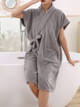 1pc Women Short-Sleeved Gray Bathrobe Summer Wedding Home Bathroom Decor Back To School