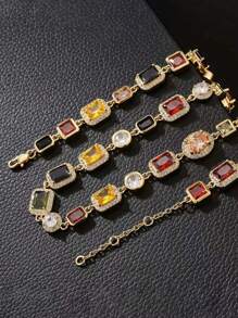 Vintage Luxury Chunky Cubic Zirconia Square Necklace, Elegant Palace Style Exaggerated Unisex Collar Necklace