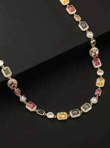 Vintage Luxury Chunky Cubic Zirconia Square Necklace, Elegant Palace Style Exaggerated Unisex Collar Necklace