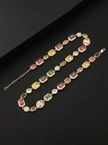 Vintage Luxury Chunky Cubic Zirconia Square Necklace, Elegant Palace Style Exaggerated Unisex Collar Necklace