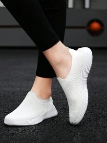 女士新款襪套鞋，跨境休閒運動輕量網透氣鞋 - 白色 - 查看 2