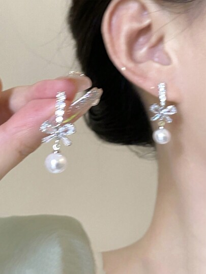 kuuioe 2pcs Bow Detail Bowknot Design Faux Pearl Stud Earrings With Rhinestone Decoration For Women Sweet And Lovely Spring Daily Wear Jewelry Y2K Style Elegant Accessories Valentines