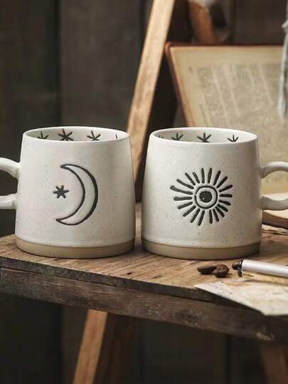 1 Pair Couple Style Japanese Ceramic Coffee Mugs, Suitable For Breakfast, Oatmeal, Water, Milk, Juice, 400ml Capacity, Essential For Back To School Season