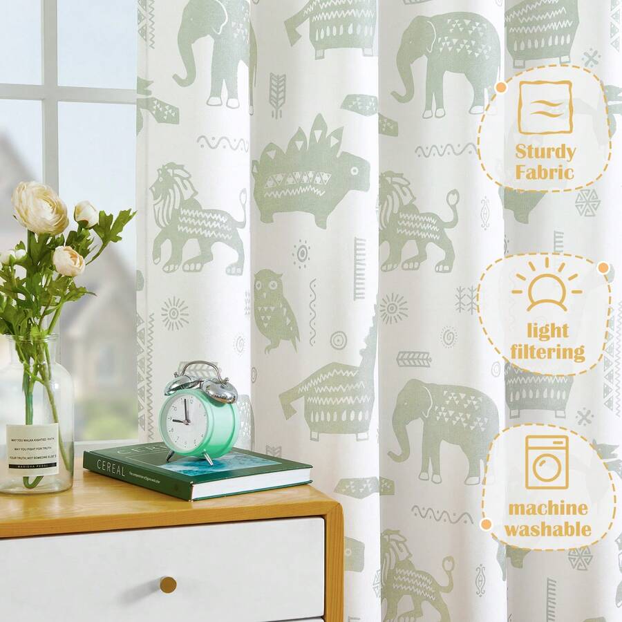 Kids Curtains Nursery Curtains For Girls Bedroom, Grey Safari Animals Curtains, Dinosaur Curtains For Boys Room Light Filtering Window Curtains Grommet Top Set 2 Panels - 綠色 - 查看 1