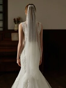 1pc Fashionable Pearl String Bridal Veil, Luxury Sequin Pearl Headpiece, Photo Shoot Veil, Elegant Bridal Accessory - Beige - View 4