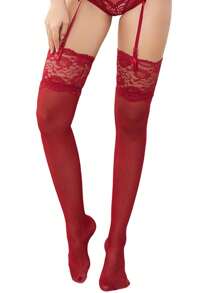 Conjunto de 4 piezas para mujer: Sujetador de encaje sexy, tanga, liguero y medias transparentes, sección delgada para salir - Rojo - Ver 6