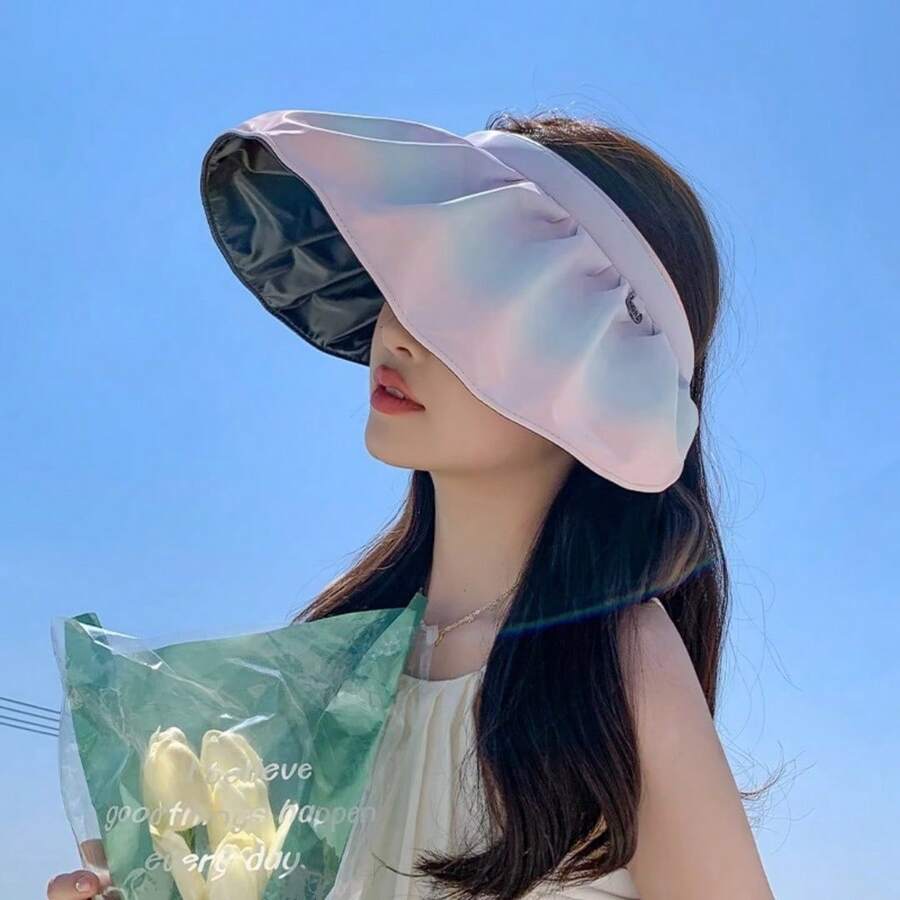 女性夏季新款黑色乙烯基防曬帽，具有紫外線防護、防護面罩、可摺疊外殼帽和輕便特性 - 粉紅藍 - 查看 1
