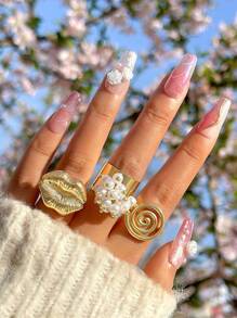 imoli 4入組套女士創意合金圓盤、水鑽、油滴、眼睛和珠子吊墜開口戒指套裝