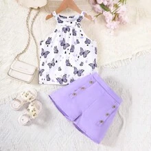 Conjunto de Top Floral sem Manga Halterneck e Shorts com Botões Duplos na Moda para Meninas Pré-adolescentes com Estilo de Férias