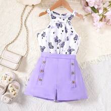 Conjunto de Top Floral sem Manga Halterneck e Shorts com Botões Duplos na Moda para Meninas Pré-adolescentes com Estilo de Férias