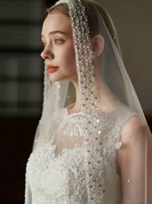1pc Fashionable Pearl String Bridal Veil, Luxury Sequin Pearl Headpiece, Photo Shoot Veil, Elegant Bridal Accessory - Beige - View 7