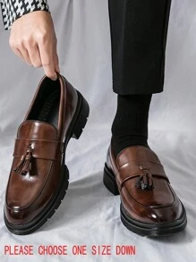 Men's Tassel Thick-soled Business Formal Pu Leather Shoes, Slip-on, Suitable For Groom Wedding And Hairstylist