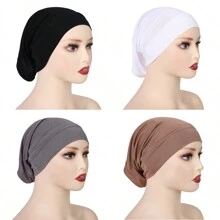 4 pièces/set Bonnet de voile de couleur unie respirant et élastique, turban, bonnet de cheveux, tour de tête pour abaya, vêtements voilés pour un usage quotidien