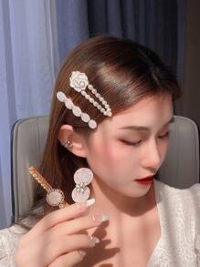 5件套女士时尚侧边发夹套装，饰有仿珍珠滚边和彩色蝴蝶结 - 适合日常佩戴，情人节适用，包含发夹、发爪、发卡、学生用品、优雅配饰、学院风配饰、珍珠发饰、蝴蝶结、可爱发饰、头饰、发卡 - 彩色 - 查看 2