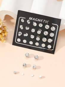 24 Piezas De Aretes Magnéticos Con Imán De Diamantes De Imatación Con Estilo De Moda Para La Vida Diaria De Las Mujeres - Plateado - Ver 3