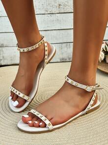 Ladies" Fashionable Casual Flat Sandals With Toe Strap, Rivets, Thin Strap And Minimalist Design - White - View 1