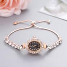 2023新款休閒時尚女士手鍊手錶，可愛的圓形小錶盤，鑲有水晶的手錶帶，女士手環手錶，合金石英手錶，禮物 - 玫瑰金 - 查看 7