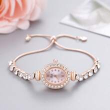 2023新款休閒時尚女士手鍊手錶，可愛的圓形小錶盤，鑲有水晶的手錶帶，女士手環手錶，合金石英手錶，禮物 - 玫瑰金 - 查看 6