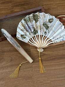 Random 1pc Chinese Style Ink Painting Folding Fan, Portable Handheld Fan With Seashell Decor, For Summer And Traditional Costume