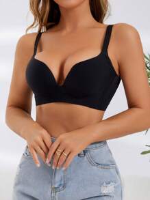 女士简约高端无缝舒适文胸，提升和塑身，可调节防滑肩带 - 黑色 - 查看 4