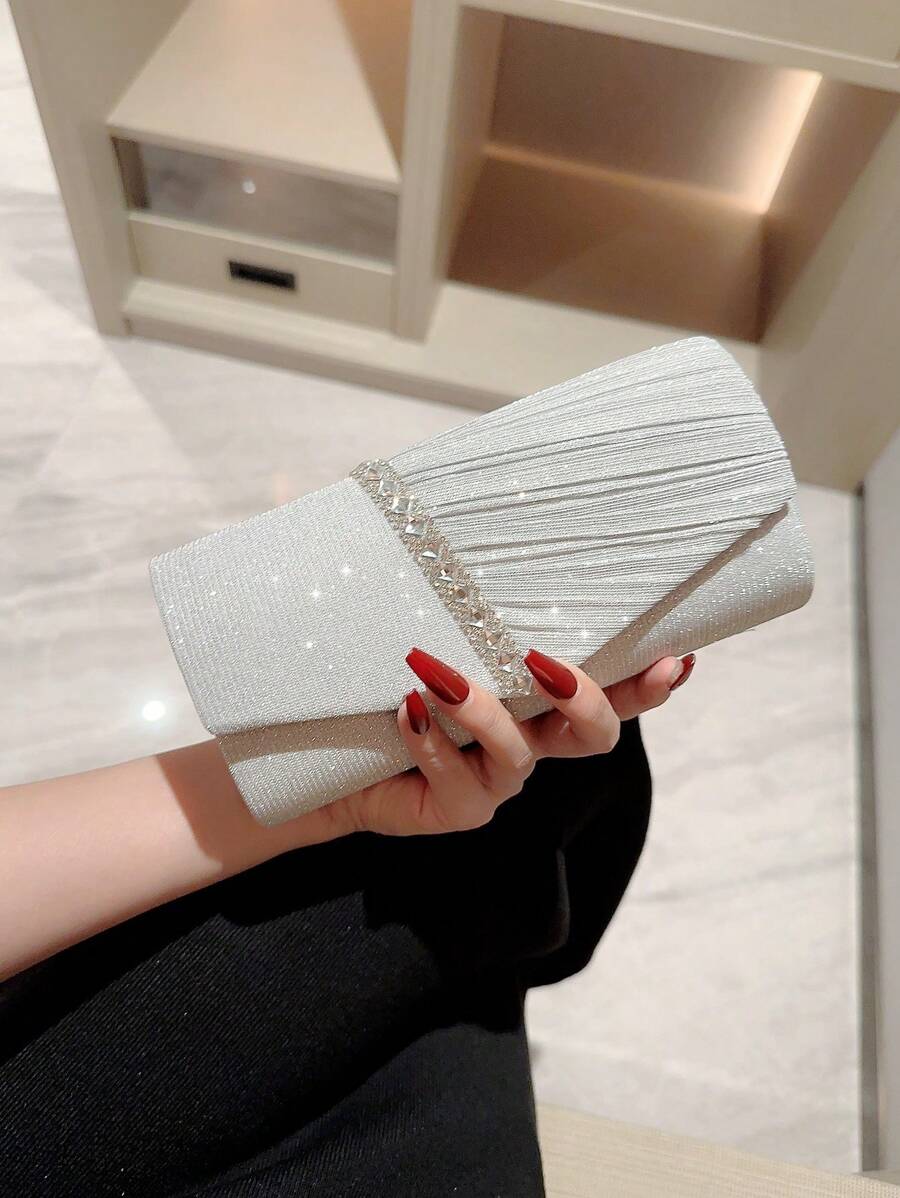 Women Mini Sparkling Pleated Design Evening Bag With Rhinestone Decor Flap Clutch Fashionable Dress Bag Party Purse Chain Bag, Tready Bride Bag, Perfect For Party,Wedding, Prom,Dinner/Banquet, Matching With Wedding Dress, Formal Dresses, Prom Dress, Birthday Dress, Party Dress