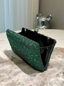 A Dark Green Sparkly Double-Sided Rhinestone And Crystal Decorated Clutch With Metal Crossbody Chain, Fashionable, Elegant And Suitable For Evening/Formal Events Tready Bride Bag, Perfect For Party, Wedding, Prom, Dinner/Banquet, Matching With Wedding Dress, Formal Dresses, Prom Dress, Birthday Dress, Party Dress, Essential Wedding Items, Perfectly Matching With Graduation Dress, Prom Dresses
