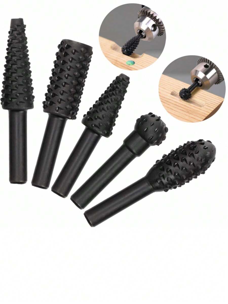 5Pcs Drill Bits Set Wood Carving File Rasp Drill Bit Of 5Pcs, 1/4" 6mm Shank Tool Power Tools Woodworking Chisel Shaped Rotating Embossed Grinding Head - Black - View 1