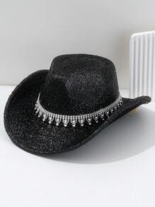1pc Unisex Metallic Shiny Solid Color Cowboy/Cowgirl Hat With Rhinestone Water Drop-Shaped Belt, Suitable For Birthday Party, Western Themed Event, Gathering, Cosplay, Graduation Ceremony, Masquerade Ball, Festival, Wedding, Birthday Celebration, Music Festival, Coming Of Age Ceremony