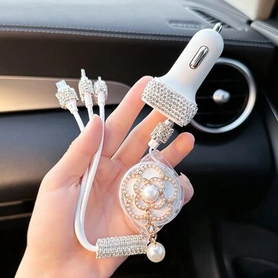 鑽石鑲嵌車用充電器，3合1多功能可伸縮行動電話數據線，附有3個端口